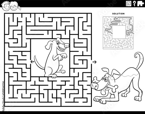 maze with cartoon dogs animal characters coloring page