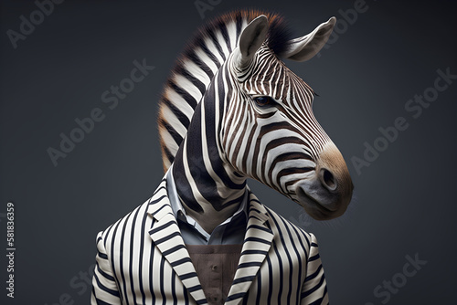 The zebra in a business suit - ready to tackle the corporate world  creative stock image of animals in business suit. Generative AI