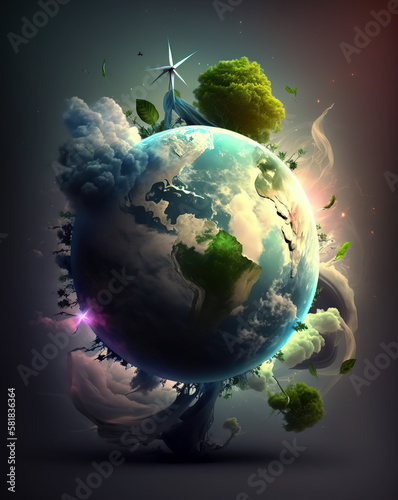 Fantasy and science fiction approach to global environmental protection. The effect of global warming in the universe. AI generated illustration.
