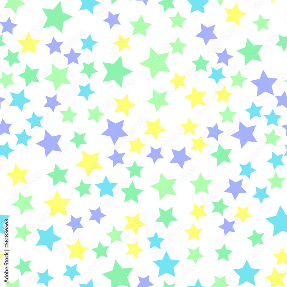 Seamless repeating pattern of blue, pink, yellow, green stars for fabric, textile, papers and other various surfaces