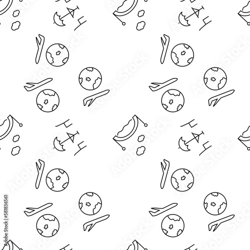 Seamless monochrome repeating pattern of street cafe, airplane, planet, bridge over river