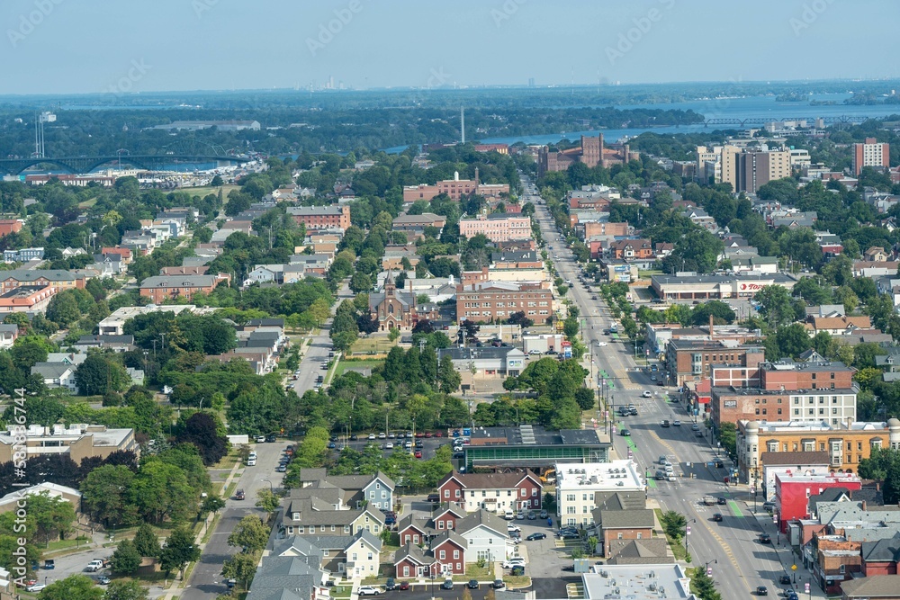 Aerial view of the city of Buffalo, New York against a blue sea on a sunny day