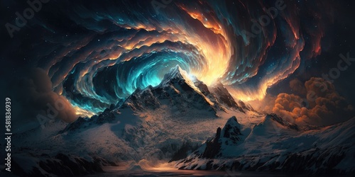 Raging aurora borealis cosmic storm high above cold Nordic landscape, mountains engulfed in turbulent luminous blue and red glowing waves of energy, spectacular light display - generative AI