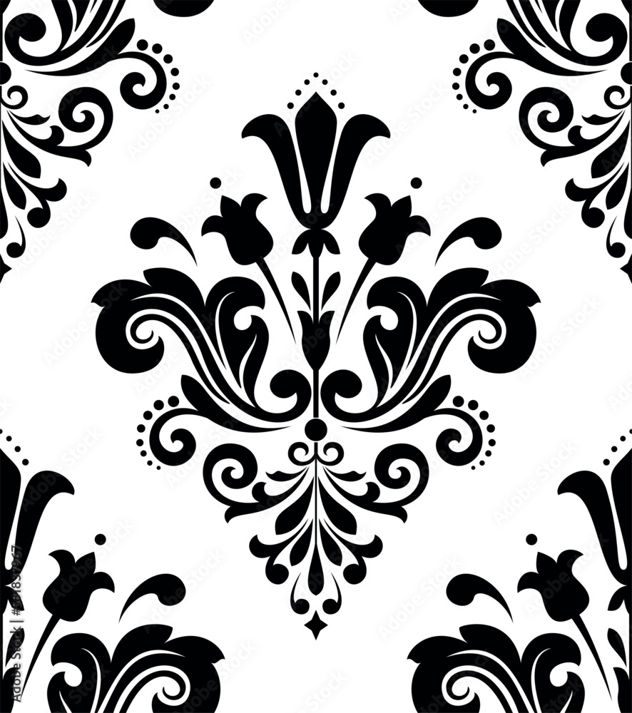 Obraz premium Wallpaper in the style of Baroque. Seamless vector background. White and black floral ornament. Graphic pattern for fabric, wallpaper, packaging. Ornate Damask flower ornament