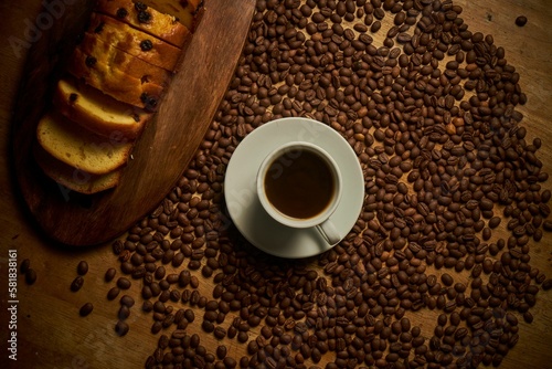 Top view of a cup of coffee placed on a wooden table next to a loaf of freshly-baked raisin bread photo