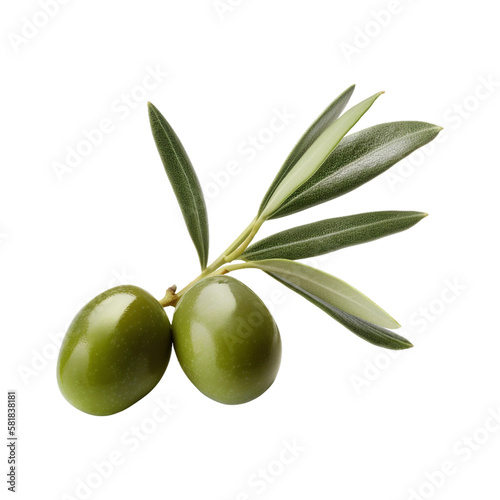 Olive branch with leaves and green olives on twig. Isolated on transparent background. generative ai