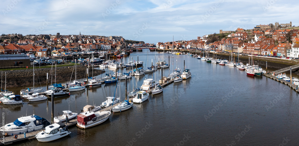 Aerial view of the Marina at the Yorkshire coastal town of Whitby