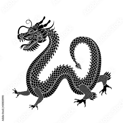 Traditional black white chinese dragon. Zodiac sign. Vector illustration.
