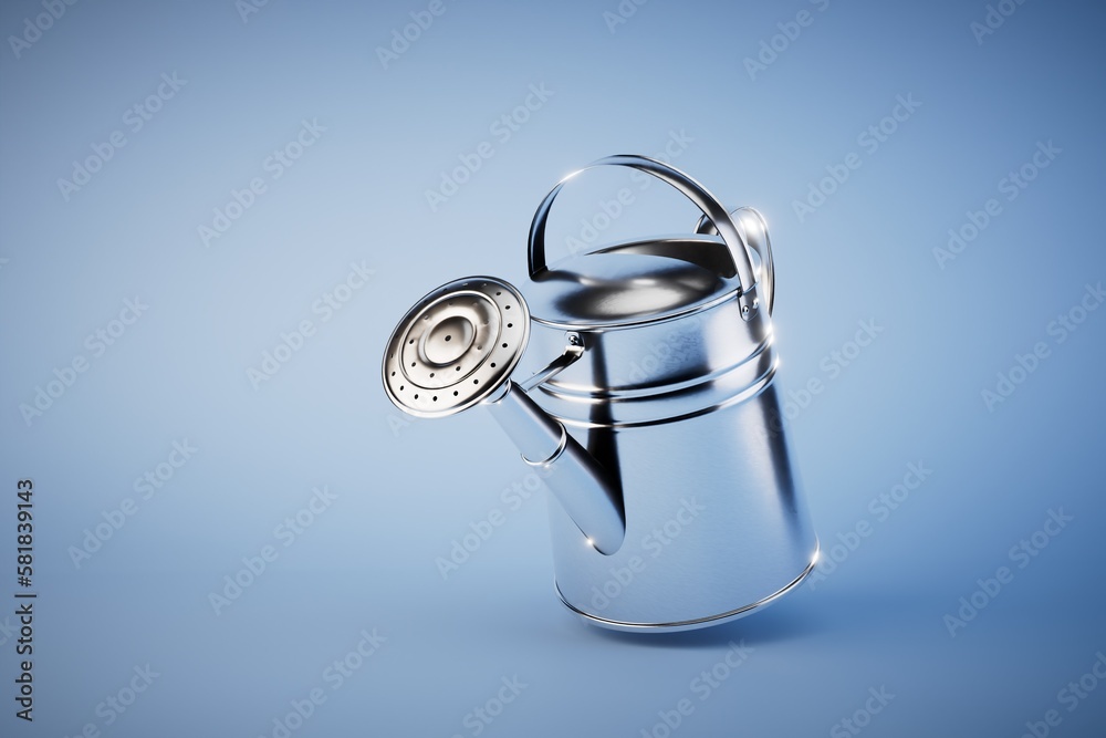 A simple aluminium watering can isolated on a blue background. 3d render