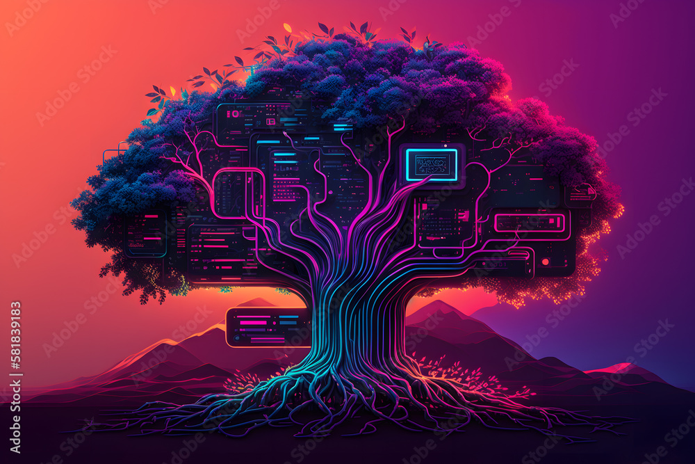 A Synthwave Retrowave illustration depicting a Tech Tree with abstract data technology and data science elements. Generative AI