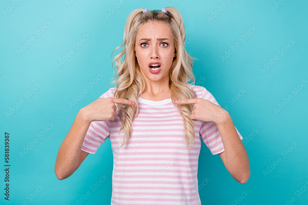 Photo of cheerful cute lady wear stylish clothes showing herself impressed unexpected choice isolated on cyan color background - obrazy, fototapety, plakaty 