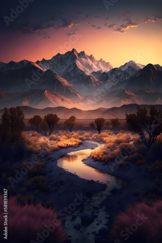 Beautiful landscape with a majestic mountain range in the background, captured during sunset Generative AI