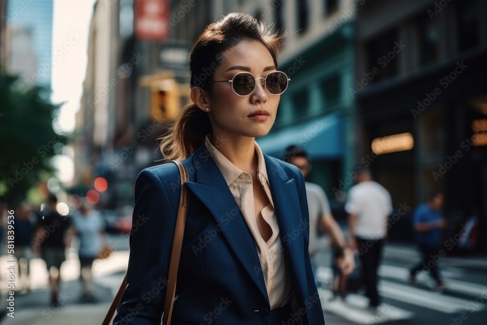 Fototapeta premium Elegant business lady walking down the busy street, generative AI