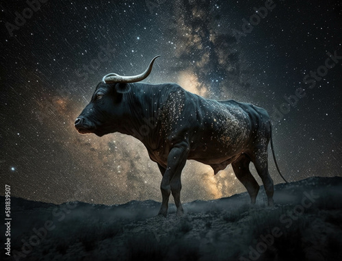 A courageous bull looking up to the night sky with determination and strength. Zodiac Astrology concept. AI generation.