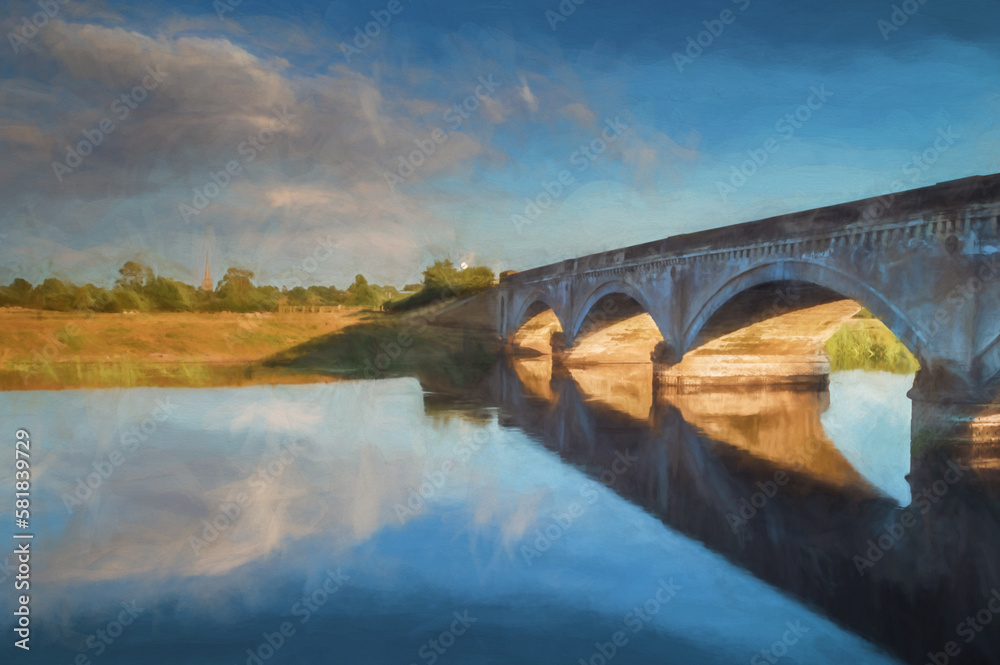 Fototapeta premium Digital painting of a 19th century toll bridge across the River Trent at Willington, Derbyshire.