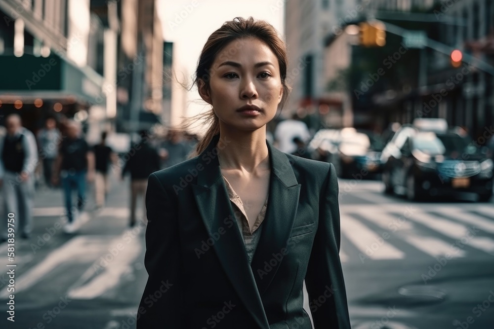 Elegant business lady walking down the busy street, generative AI