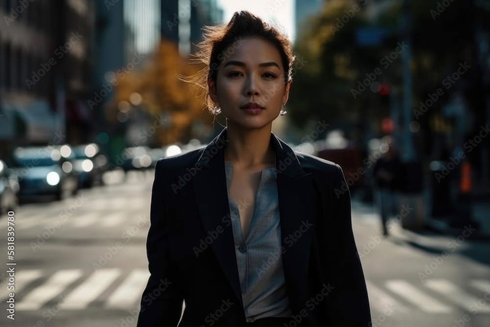 Elegant business lady walking down the busy street, generative AI Elegant business lady walking down the busy street, generative AI