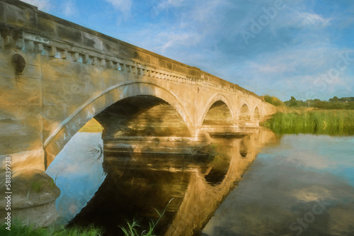 Digital painting of a 19th century toll bridge across the River Trent at Willington, Derbyshire.