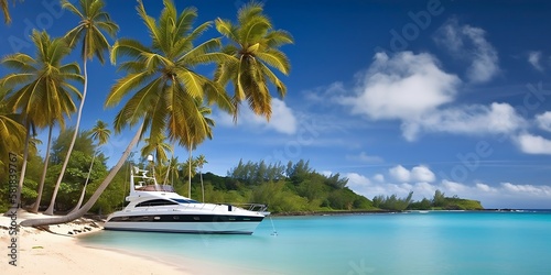 yacht de luxe qui accoste sur une plage paradisiaque avec eaux turquoises et palmiers - generative ai  © Fox_Dsign