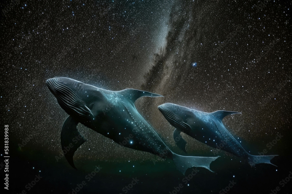 Two swishing fins leading the way through a starstudded night sky. Zodiac Astrology concept. AI generation. Two swishing fins leading the way through a starstudded night sky. Zodiac Astrology concept. AI generation.
