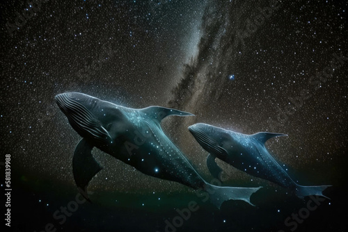 Two swishing fins leading the way through a starstudded night sky. Zodiac Astrology concept. AI generation. © Justlight