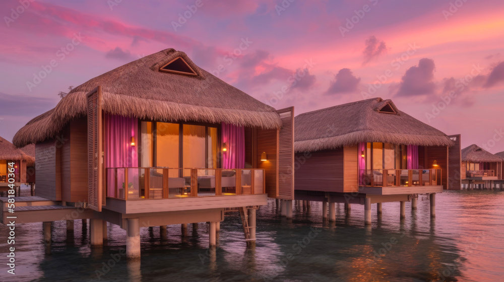 Luxury overwater bungalow. Amazing paradise islands of Maldives. Generative AI Luxury overwater bungalow. Amazing paradise islands of Maldives. Generative AI