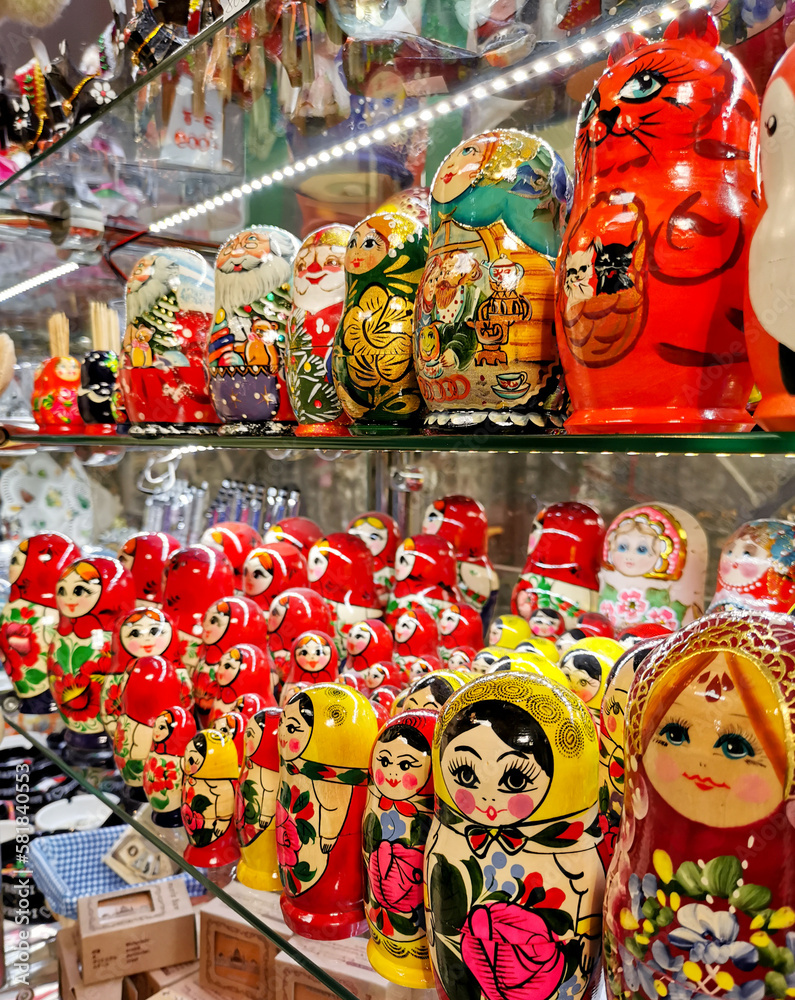 Closeup of Russian nesting dolls or Matryoshka dolls for sale in the store