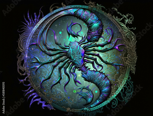 A dazzling image of a Scorpio symbol shimmering in blues purples and greens Zodiac Astrology concept. AI generation.
