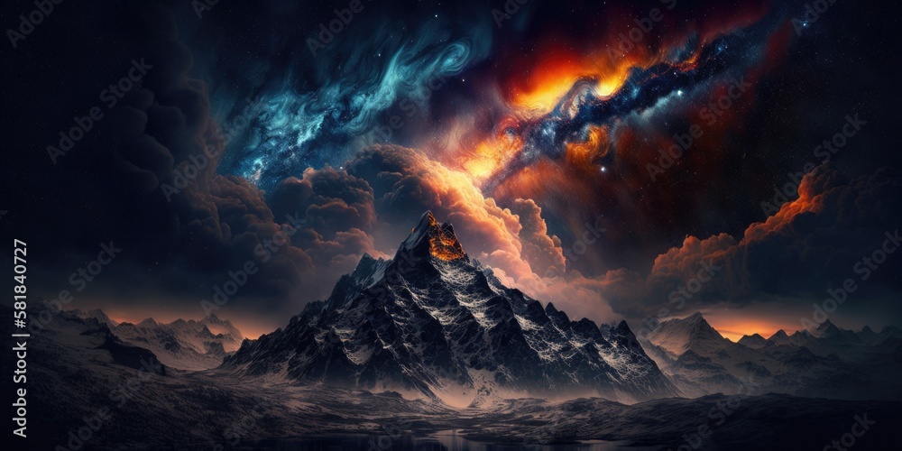 Raging aurora borealis cosmic storm high above cold Nordic landscape, mountains engulfed in turbulent luminous blue and red glowing waves of energy, spectacular light display - generative AI