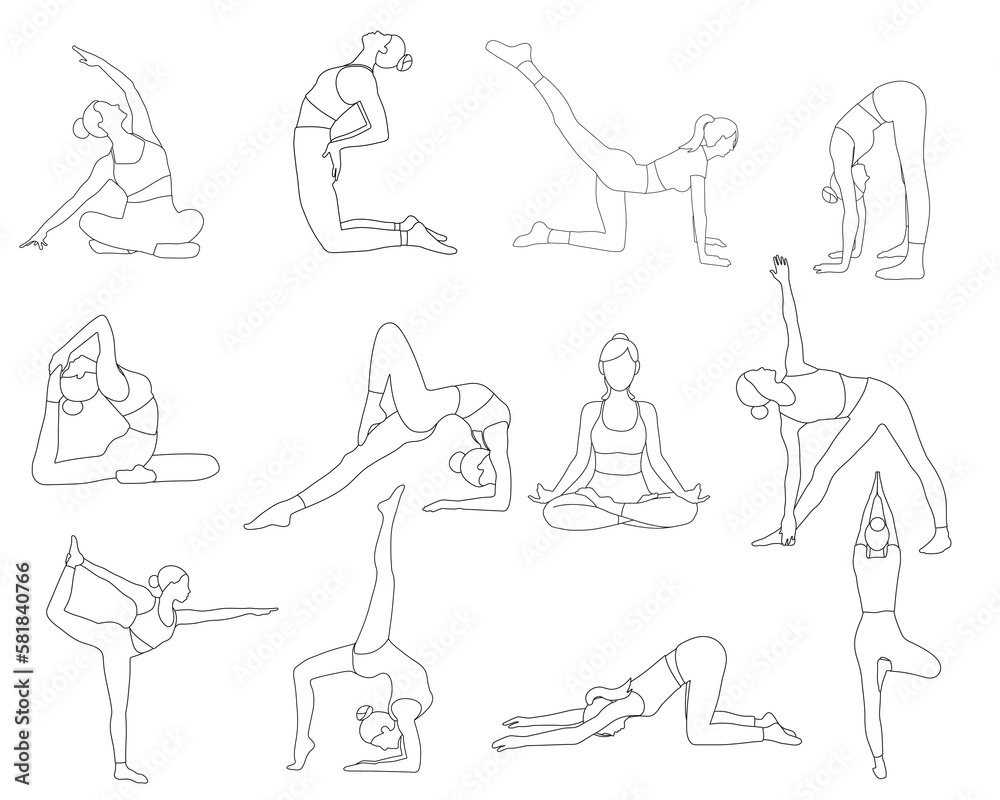 12 girls doing yoga fitness sport set in out line art in different poses on white background 12 girls doing yoga fitness sport set in out line art in different poses on white background