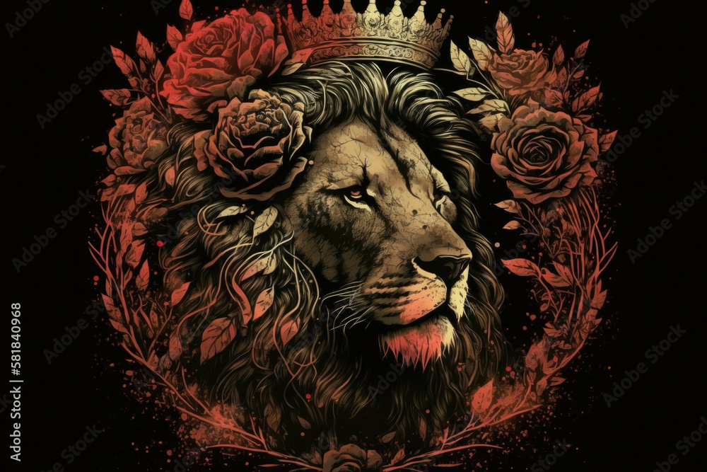 A crown of roses surrounding a Leo silhouette. Zodiac Astrology concept. AI generation. A crown of roses surrounding a Leo silhouette. Zodiac Astrology concept. AI generation.
