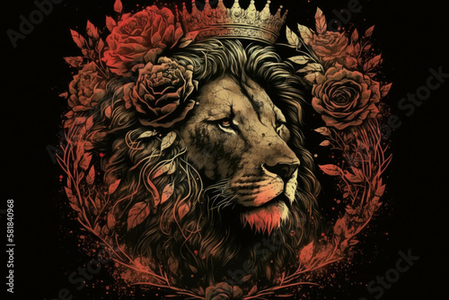 A crown of roses surrounding a Leo silhouette. Zodiac Astrology concept. AI generation.