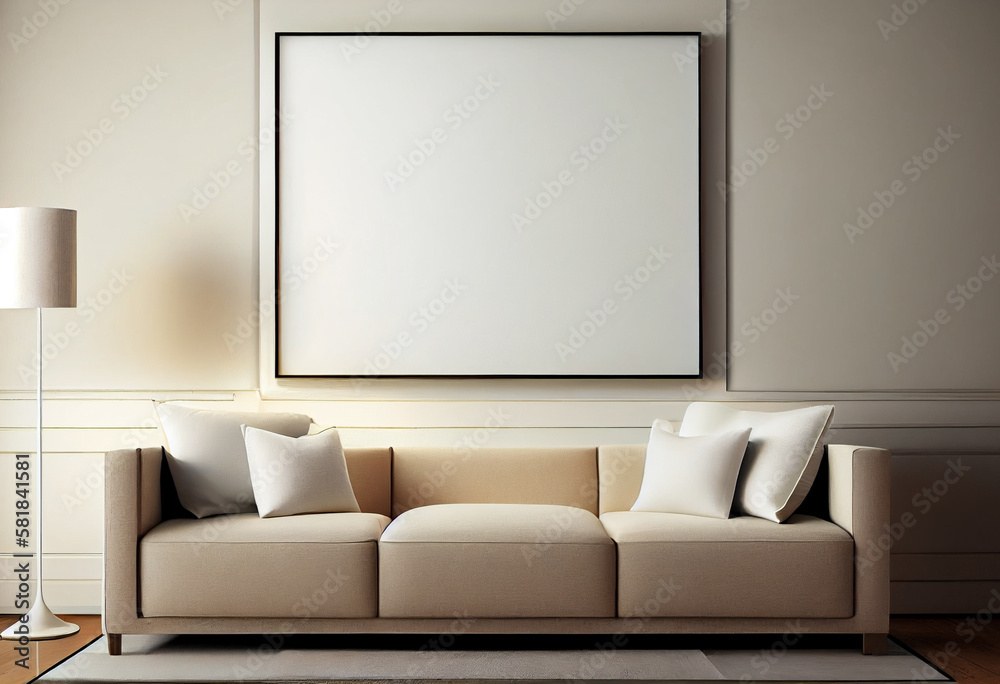 Modern living minimal room with empty canvas or wall decor frame in center above sofa. Product presentation advertisement background, image and photograph art display, mock up editor. Modern living minimal room with empty canvas or wall decor frame in center above sofa. Product presentation advertisement background, image and photograph art display, mock up editor.