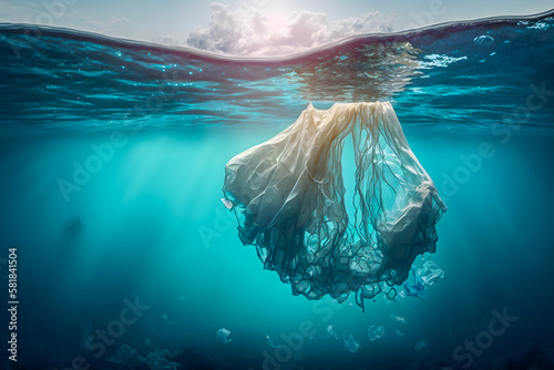 Dirt garbage household waste plastic bag underwater. Pollution of the seas and oceans. Generative AI