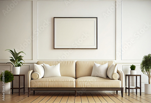 Modern living minimal room with empty canvas or wall decor frame in center above sofa. Product presentation advertisement background, image and photograph art display, mock up editor.