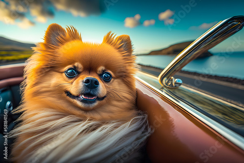 Smiling pomeranian rides in a convertible car on a journey