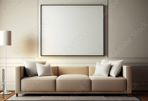 Modern living minimal room with empty canvas or wall decor frame in center above sofa. Product presentation advertisement background, image and photograph art display, mock up editor.
