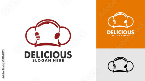 Chef Food logo design template vector, Cafe or restaurant emblem, chef hat with fork, spoon and knife