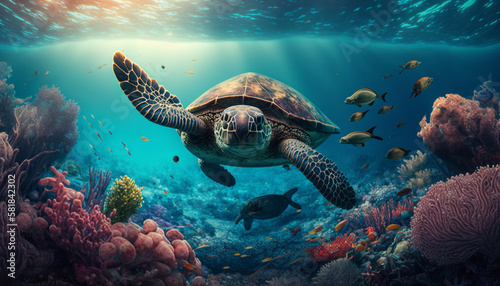 Illustration of a turtle swimming in shallow sea water. Through the cracks of the beautiful sea coral. The turtle is heading towards the beach for the purpose of laying eggs. © Aisyaqilumar