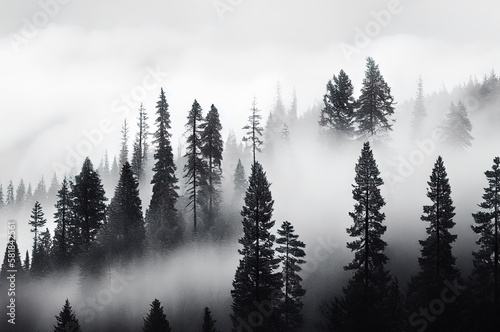 grayscale forest in fog