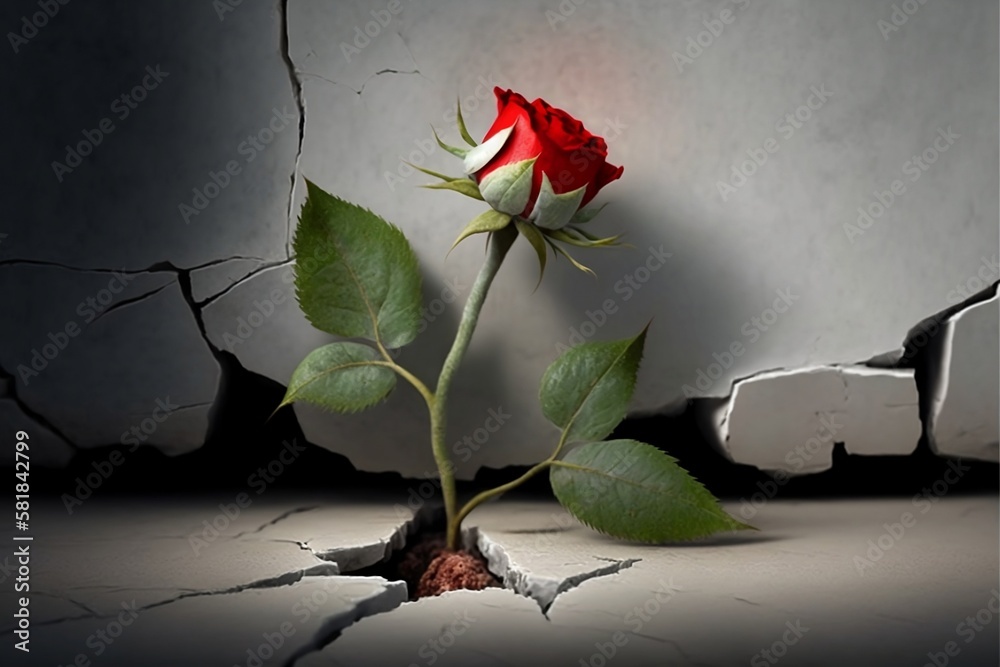 A rose growing from a crack in the concrete; beautiful poetic symbolism demonstrating that beauty can be created from even the most bleak conditions - obrazy, fototapety, plakaty 
