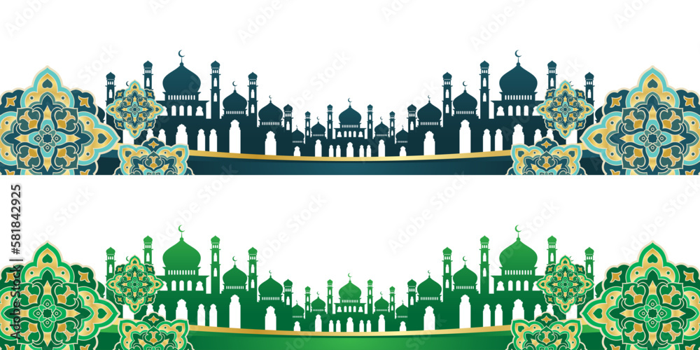 Islamic Ornament lanter or lamp for frame header footer on white background, Ramadan karem and eid mubarak concept. Design ornament for printing, cards, invitations, template, social media