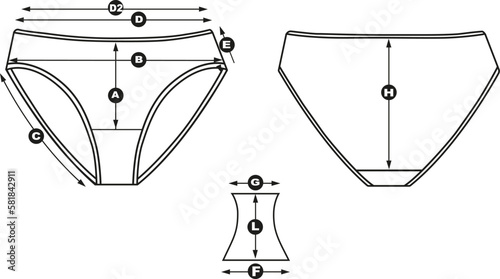 Women's classic briefs. Measurements for tailoring and selling linen. Back view and front view and gusset. Vector drawing. Isolate.