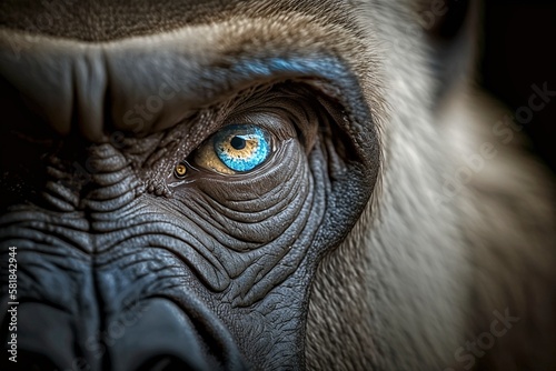 Macro Close-Up of White Gorilla with Blue Eyes, AI Generated
