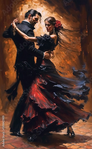 Flamenco couple dancing together, oil painting style. Generative AI