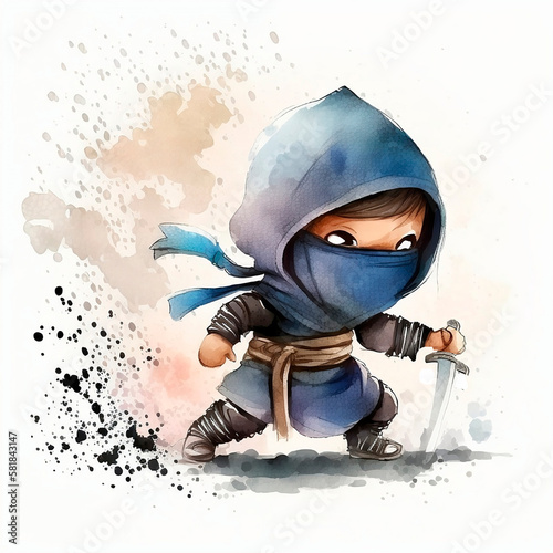 A watercolor illustration of a cute blue ninja for kids