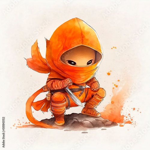 A watercolor illustration of a cute orange ninja for kids photo