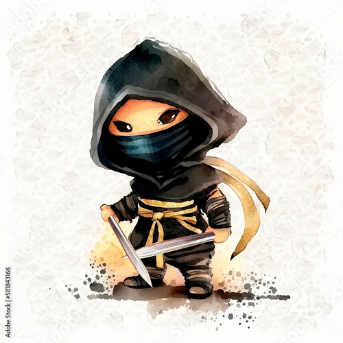 A watercolor illustration of a cute black ninja for kids photo