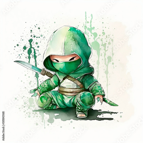 A watercolor illustration of a cute green ninja for kids