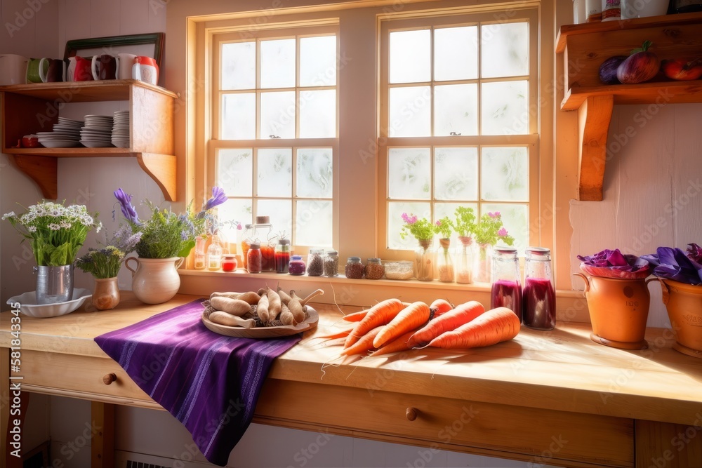 Landhausküche mit frischem Gemüse und weiteren Zutaten zum Kochen mit Blick in die Natur durch Fenster Landhausküche mit frischem Gemüse und weiteren Zutaten zum Kochen mit Blick in die Natur durch Fenster